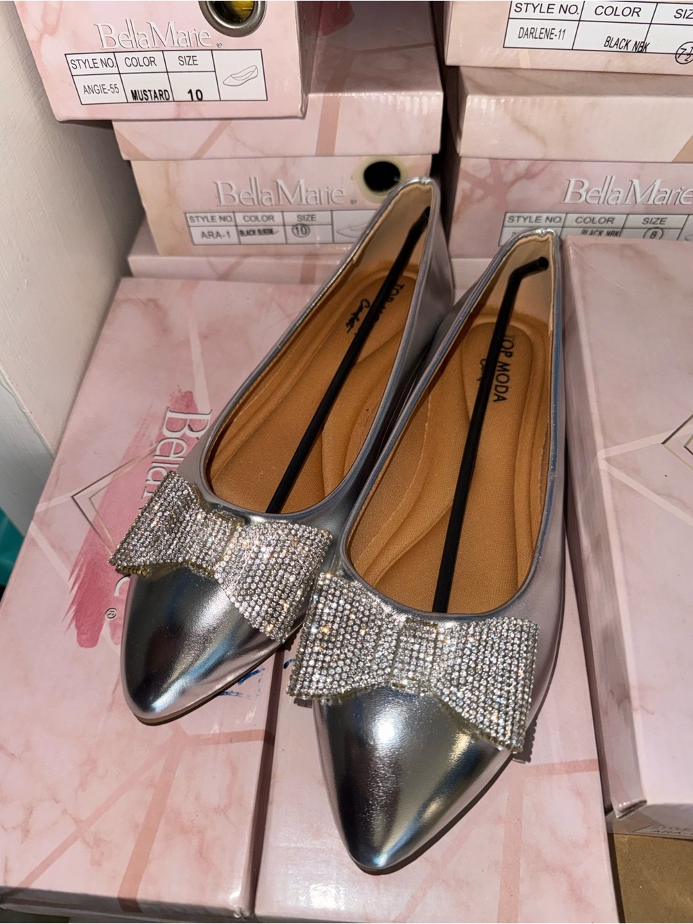 Silver Pointed Toe Ballet Flats with Crystal Bow